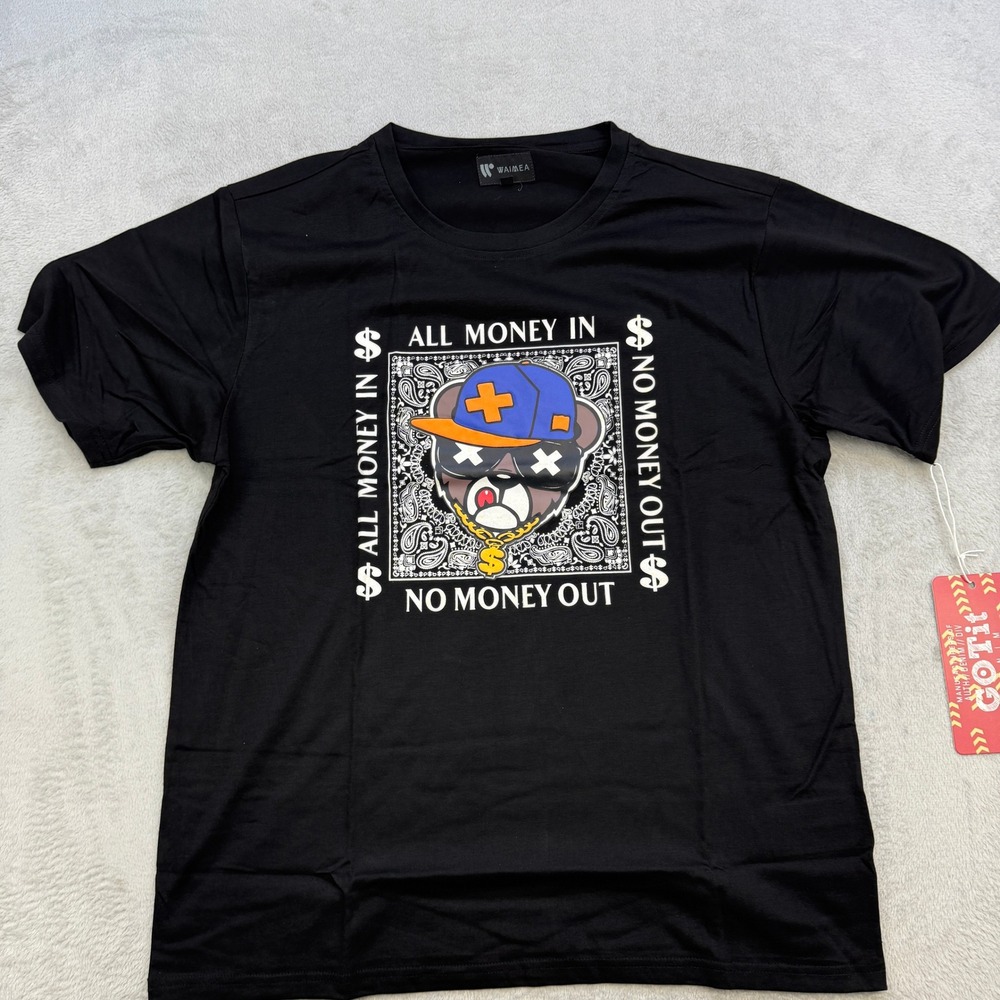Waimea‎ Graphic Tee Mens Large Black All Money In Bear Bandana Streetwear Shirt